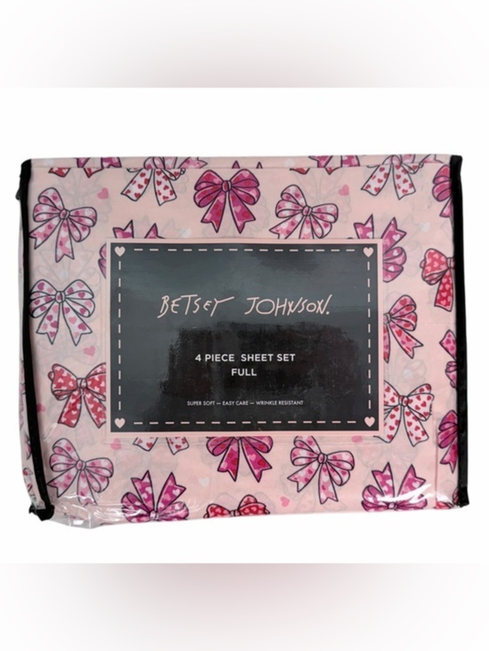 Betsey Johnson Pink Bow Heart Full Sheet Set 4 Piece Bedding Set